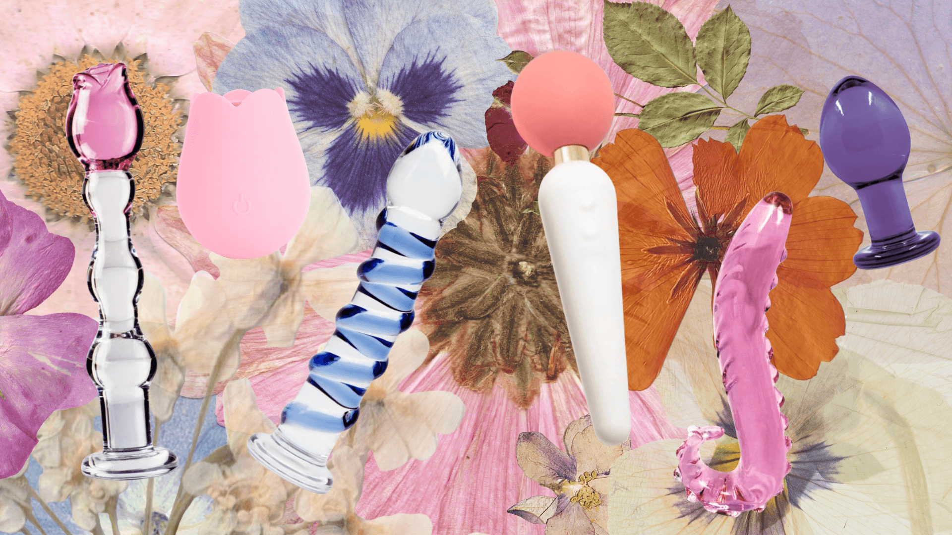 Various sex toys like dildos and vibrators artfully arranged over a vibrant pressed floral background.