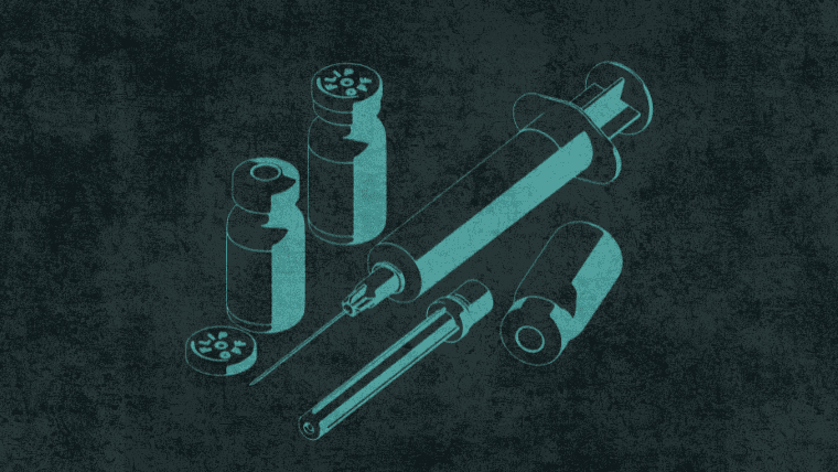 Teal outline drawing of a medical syringe, two vials, and a needle on a dark background.