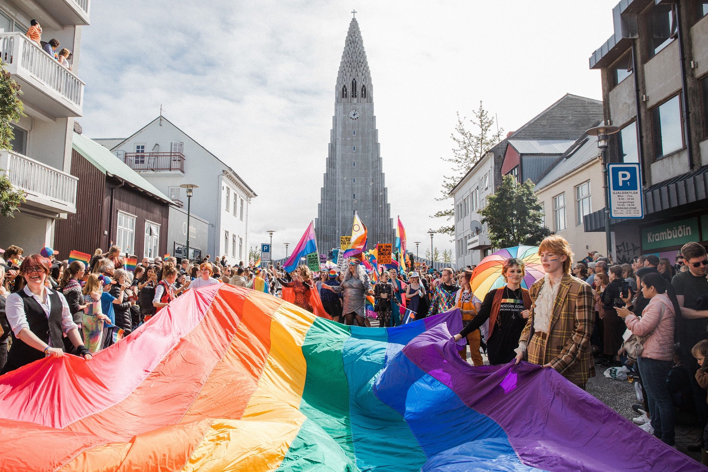Reykjavík's Pride parade starts in front of Hallgrímskirkja, the Lutheran church where the rainbow streets begin.