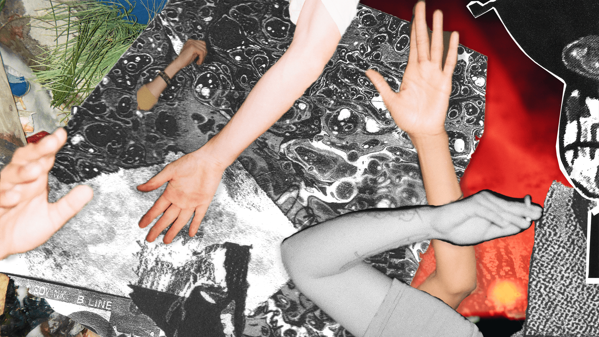 Collage of diverse hands reaching and abstract textures in black, white, and red.