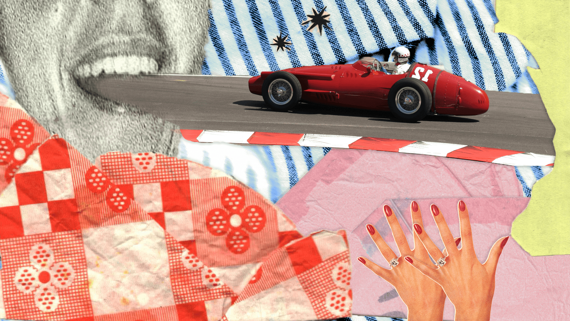 Collage with a vintage red race car on a track, a laughing mouth, and hands with rings.