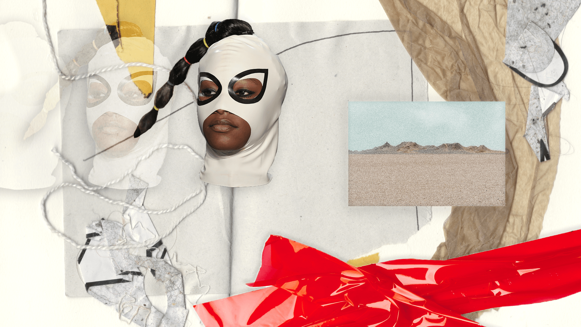 Collage of a masked person with braids, desert landscape, red ribbon, and crumpled textures.