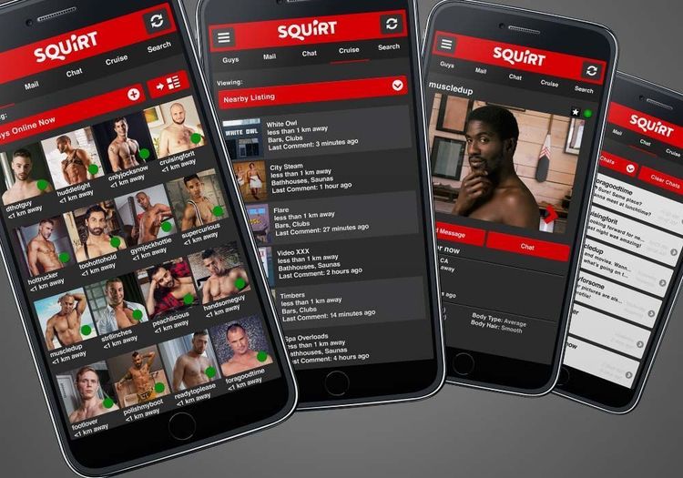 Four smartphones show the 'SQUIRT' mobile app interface with profiles and a video.