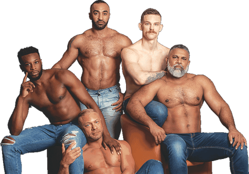 Five diverse, shirtless men in jeans pose together confidently.
