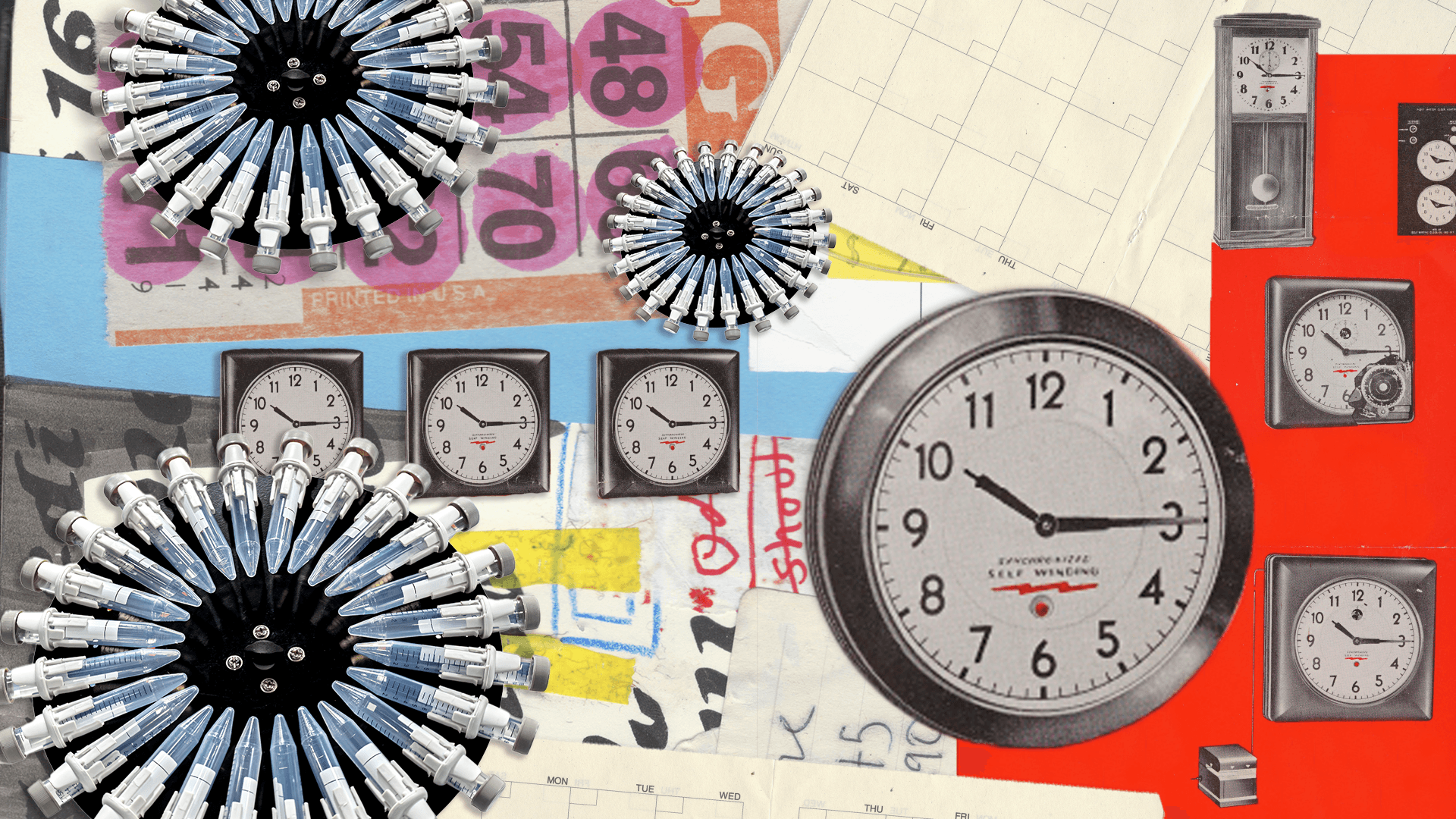 Collage art featuring clocks, spiky industrial shapes, and various numbers on patterned papers.